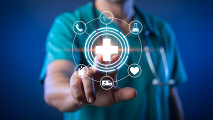 Modern healthcare professional interacting with glowing medical icons, representing innovation in telemedicine and digital health solutions for a connected future