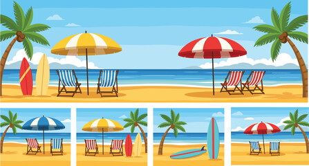 Beautiful tropical beach illustration set with umbrellas chairs surfboards palm trees and ocean views for summer vacation and travel themes