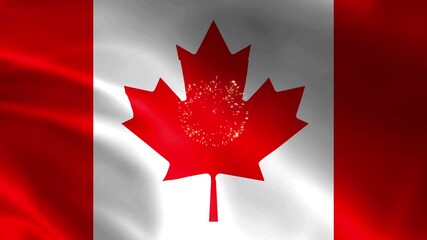 Happy canada day celebration featuring a canadian flag and fireworks on a maple leaf, ideal for backgrounds or patriotic designs.