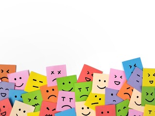 Mental health awareness concept. Happy, neutral, and sad emoji on colorful sticky note. mood swings, depression, and bipolar disorder. Copy space 
