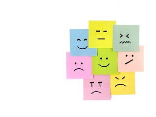 Mental health awareness concept. Happy, neutral, and sad emoji on colorful sticky note. mood swings, depression, and bipolar disorder. Copy space 