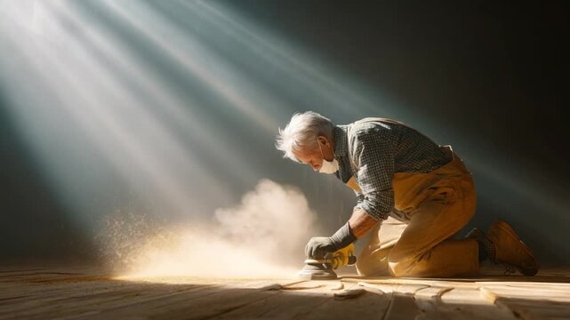 Elderly male carpenter sanding a wooden floor, kneeling down, fine dust particles in light shafts