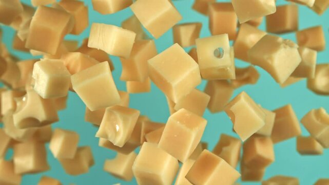 Pieces of maasdam cheese fly upwards on a blue background. Filmed on a high-speed camera at 1000 fps. High quality FullHD footage