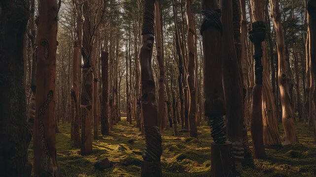 Gliding camera leading toward sunlit clearing down mossy corridor, with red-brown trunks