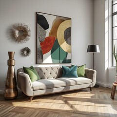 Modern interior with graphic mock up wall art, sculptural decorations, green accents. A curated mix of textures and form.Soft geometry and tactile materials bring warmth to this modern setting