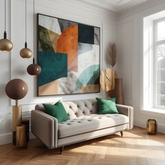 Modern interior with graphic mock up wall art, sculptural decorations, green accents. A curated mix of textures and form.Soft geometry and tactile materials bring warmth to this modern setting