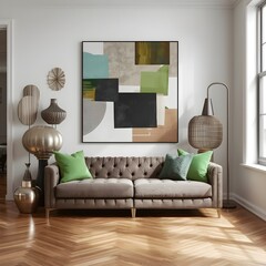 Modern interior with graphic mock up wall art, sculptural decorations, green accents. A curated mix of textures and form.Soft geometry and tactile materials bring warmth to this modern setting