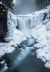 Waterfall in winter landscape with ice and snow covering the rock formations. Frozen nature scene for travel and seasonal backgrounds.