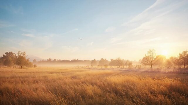 Brightening golden meadow at dawn, rising sun lifting mist, revealing treeline, moving bird