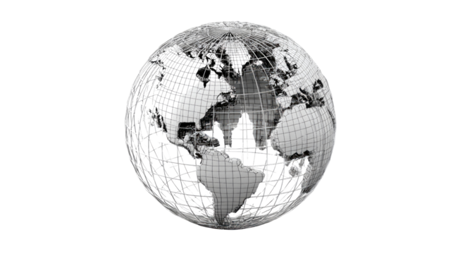 Global Perspective in Monochrome: A detailed monochrome representation of the Earth, capturing the intricate details of continents, oceans, and gridlines.