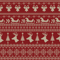 Seamless red Christmas Knited, Cross stich pixel background with white snowflakes and ornate vintage floral lace pattern for holiday wallpaper decoration.