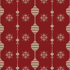 Knited sweater Cross stich Christmas on red ethnic pixel seamless pattern design for textile print, wrap, decoration.