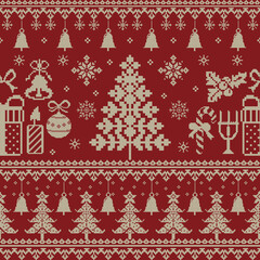 Vintage Christmas Pixel Cross stich seamless pattern with red and gold snowflakes for a festive winter holiday wallpaper decoration