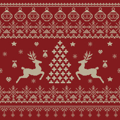 Deer and Christmas tree pixel knited, cross stich seamless pattern Christmas winter, festive, Ethnic style