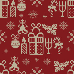Christmas seamless pattern and Knited cross stich vector illustration featuring Christmas Elament winter snowflakes, and gold tree ornaments for a festive holiday celebration