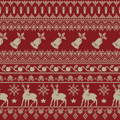 Christmas seamless pattern featuring snowflakes, deers, ringbell, ornarment knited sweater ethnic festive design