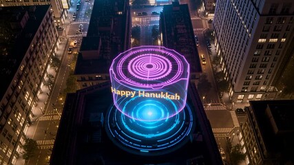 Animating on start hologram cylinder rotating above rooftop base at night, revealing Happy Hanukkah - Powered by Adobe