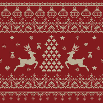 Deer and Christmas tree pixel knited, cross stich seamless pattern Christmas winter, festive, Ethnic style
