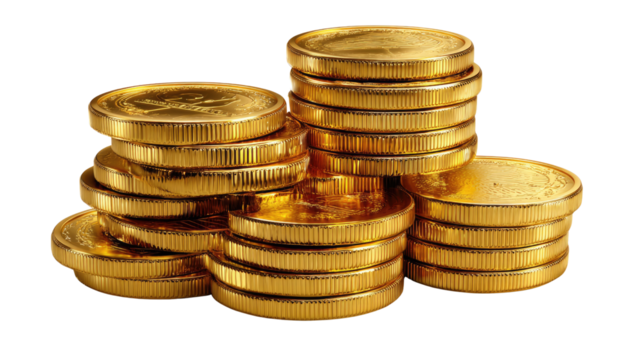 Golden Stacks: A dazzling arrangement of gold coins stacked high, each gleaming with intrinsic value. A symbol of wealth and prosperity, hinting at the potential for financial growth.