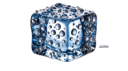 Crystallized Cold: Close-up of an ice cube, its surface adorned with glistening water droplets. The image evokes a sense of refreshing coolness and purity.