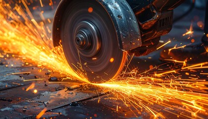 Angle grinder sparks fly, cutting metal. Focus on bright sparks, textured floor and tool detail
