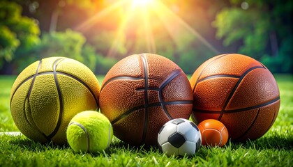 Assorted sport balls gather on green grass, warmly lit by a bright sunburst and blurred green trees