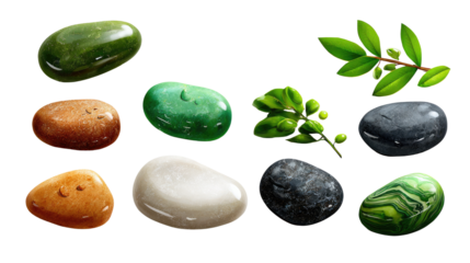 Smooth Stones and Sprigs: A curated selection of polished stones, ranging in various colors, are arranged alongside delicate sprigs of fresh green leaves.