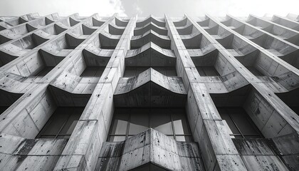 Angled perspective of concrete building fa?ade with repetitive geometric patterns in monochrome
