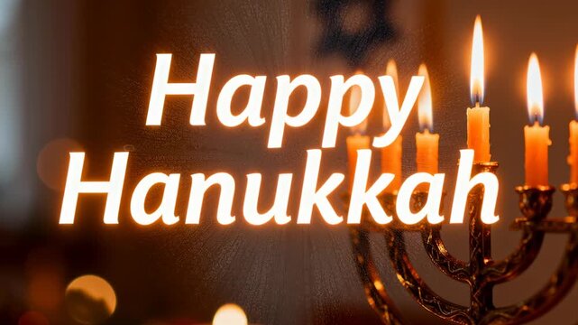 Flickering brass menorah at home, zoom boosting HappyHanukkah glow for holiday greeting, copy space
