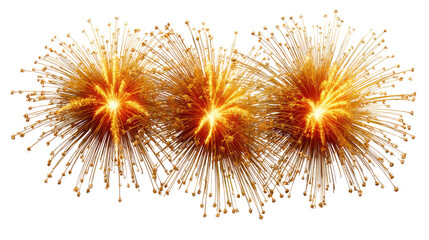 Celestial Fireworks Display: A vibrant display of three brilliant, golden fireworks bursts illuminate the darkness, an explosion of light and color that captures a moment of celebration.