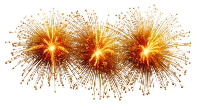 Celestial Fireworks Display: A vibrant display of three brilliant, golden fireworks bursts illuminate the darkness, an explosion of light and color that captures a moment of celebration. - Powered by Adobe