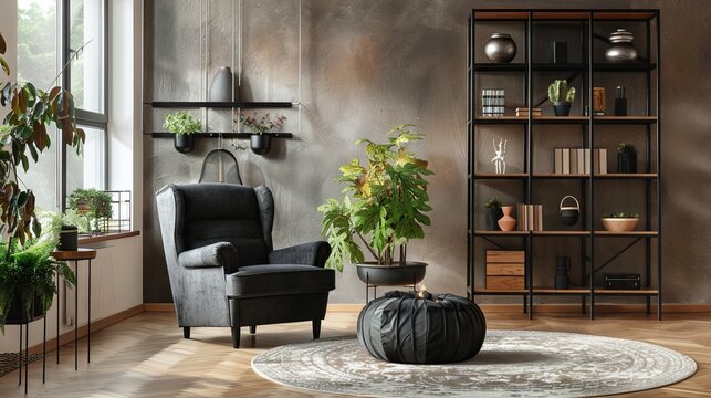 Interior of modern living room with black armchair, pouf and shelving unit  - Powered by Adobe