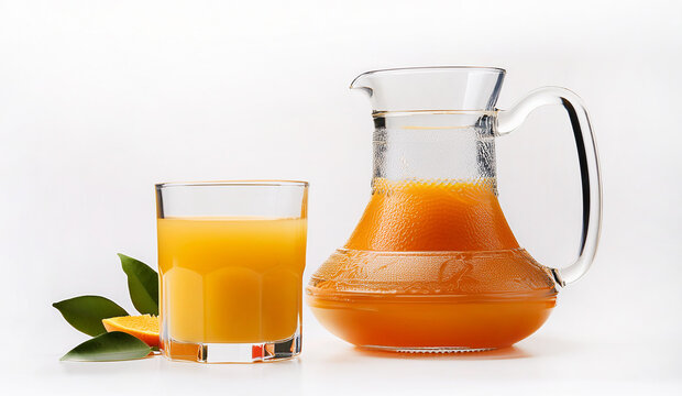Glass of freshly squeezed orange juice. Carafe with fruit juice in the morning. Oranges on the table - Powered by Adobe