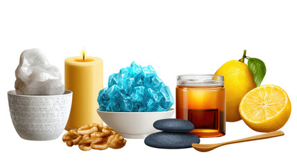 Serene Spa Essentials: An array of spa essentials, including a lit candle, sugar, stones, lemon, honey, and a wooden spoon, arranged to evoke a sense of calm and well-being.