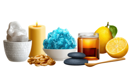 Serene Spa Essentials: An array of spa essentials, including a lit candle, sugar, stones, lemon, honey, and a wooden spoon, arranged to evoke a sense of calm and well-being.