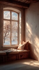 Beautiful rustic winter window corner with warm sunlight illuminating soft pillows and cozy interior textures creating a peaceful inviting holiday setting perfect for lifestyle imagery