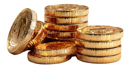 Gold Coins Pile: A close-up view of meticulously stacked golden coins, reflecting the warm glow of success and prosperity, ready to inspire and engage.