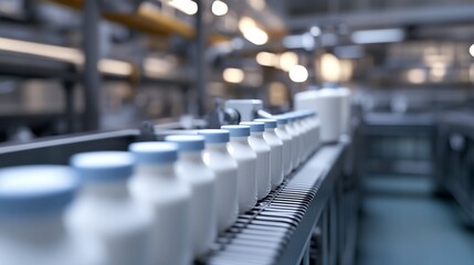 Obraz premium Processing and Packaging Milk in Advanced Automated Factory Featuring Stainless Steel Equipment and Conveyor Belt in Industrial Setting