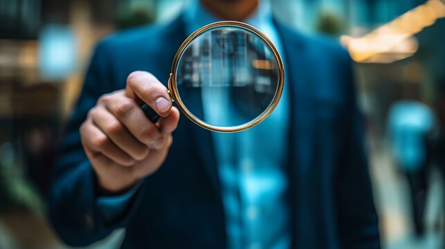 HR Professional Analyzing Employee Data with Magnifying Glass on Virtual Interface in Neon Colors Highlighting Human Resource Concepts