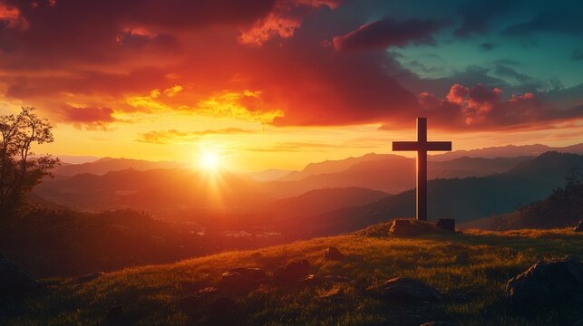 Sunrise Worship Service With a Cross Silhouette and a Vibrant Sky in a Serene Landscape Symbolizing Faith, Peace, and Spiritual Connection