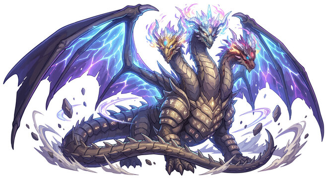 Three-headed dragon illustration, powerful fantasy creature, detailed scales and wings, isolated on white background, high-resolution artwork for microstock and fantasy themes.