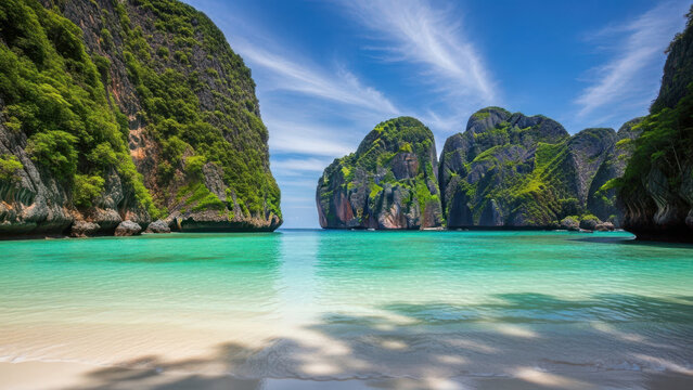 Beautiful tropical beach with turquoise water and limestone cliffs