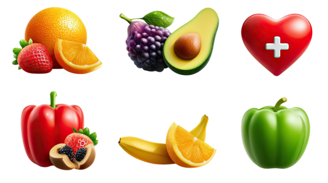 Colorful Collection of Fruits & Vegetables: A vibrant assortment of wholesome fruits and vegetables, each bursting with natural color, is artfully arranged. This visual feast symbolizes health.