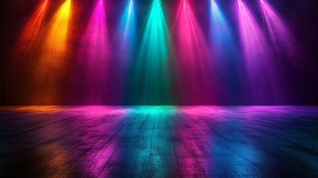Vibrant Stage Lights Illuminating Colorful Smoke and Floor in Dramatic Setting Representing Live Performance and Entertainment