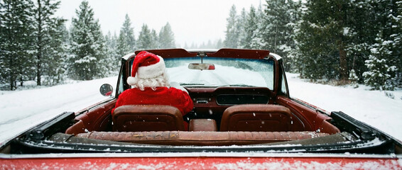 Santa Claus Driving a Classic Convertible Through a Snowy Winter Landscape for Christmas
