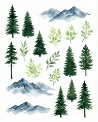 Fototapeta premium Watercolor painting of evergreen trees and misty mountains, capturing serene natural landscapes