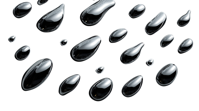 Black drops in formation: An artistic array of glistening, dark drops floats against a clean background, creating a mesmerizing visual spectacle of fluidity and form.