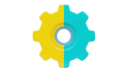 Two-tone gear PNG isolated on transparent background, yellow and turquoise cogwheel for settings and configuration, graphic element