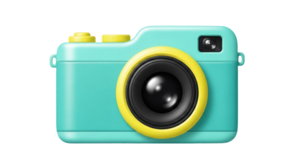 Cute turquoise toy camera PNG isolated on transparent background, fun photography equipment for kids and creative projects