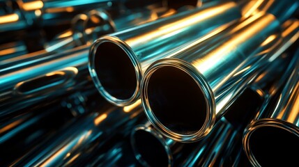 Naklejka premium Shiny Metal Steel Pipes Stacked Neatly in Industrial Warehouse With Reflective Surface